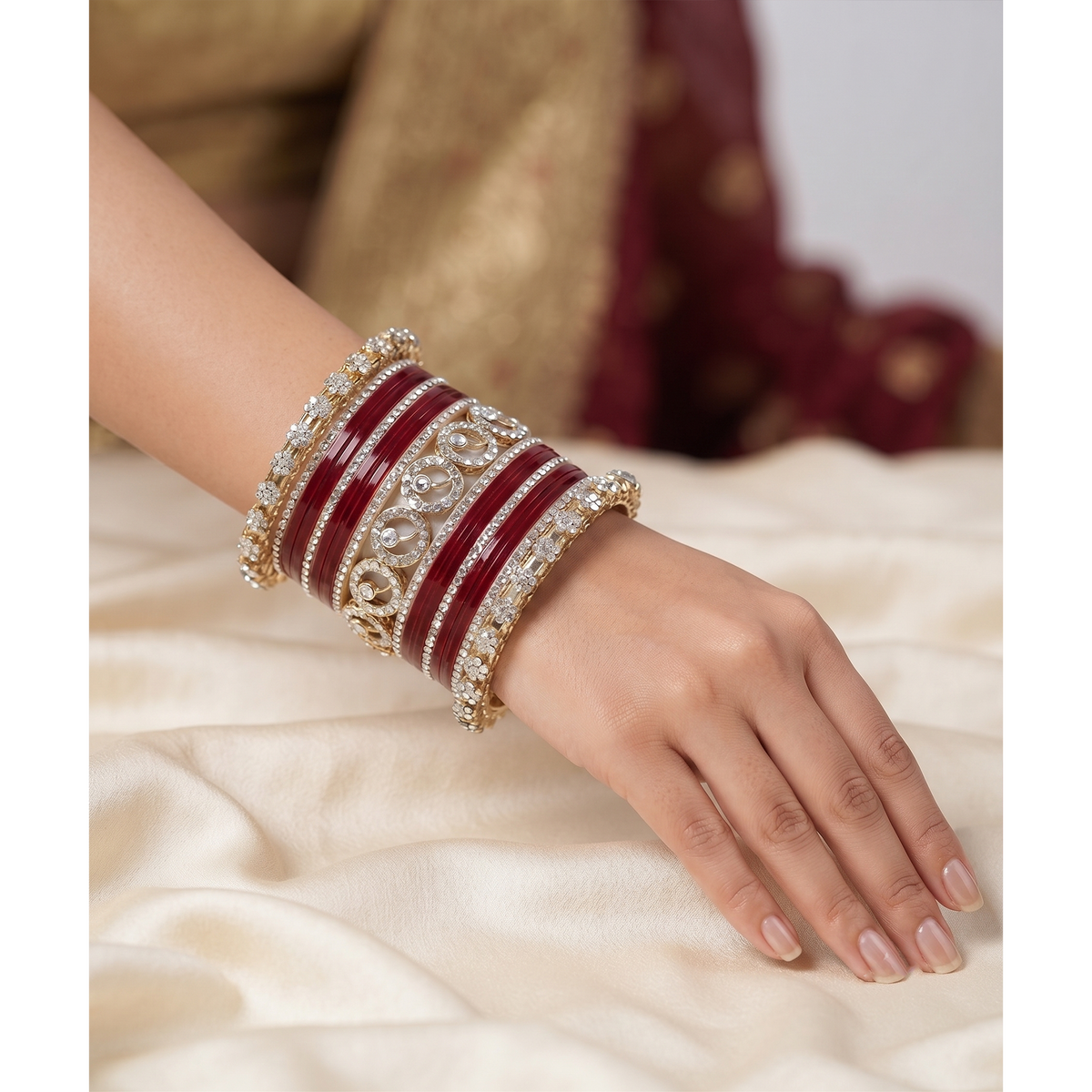 AYSIMA Samaira – Maroon Bridal Bangle Set with Gold-Tone Floral Kadas - 42 pieces