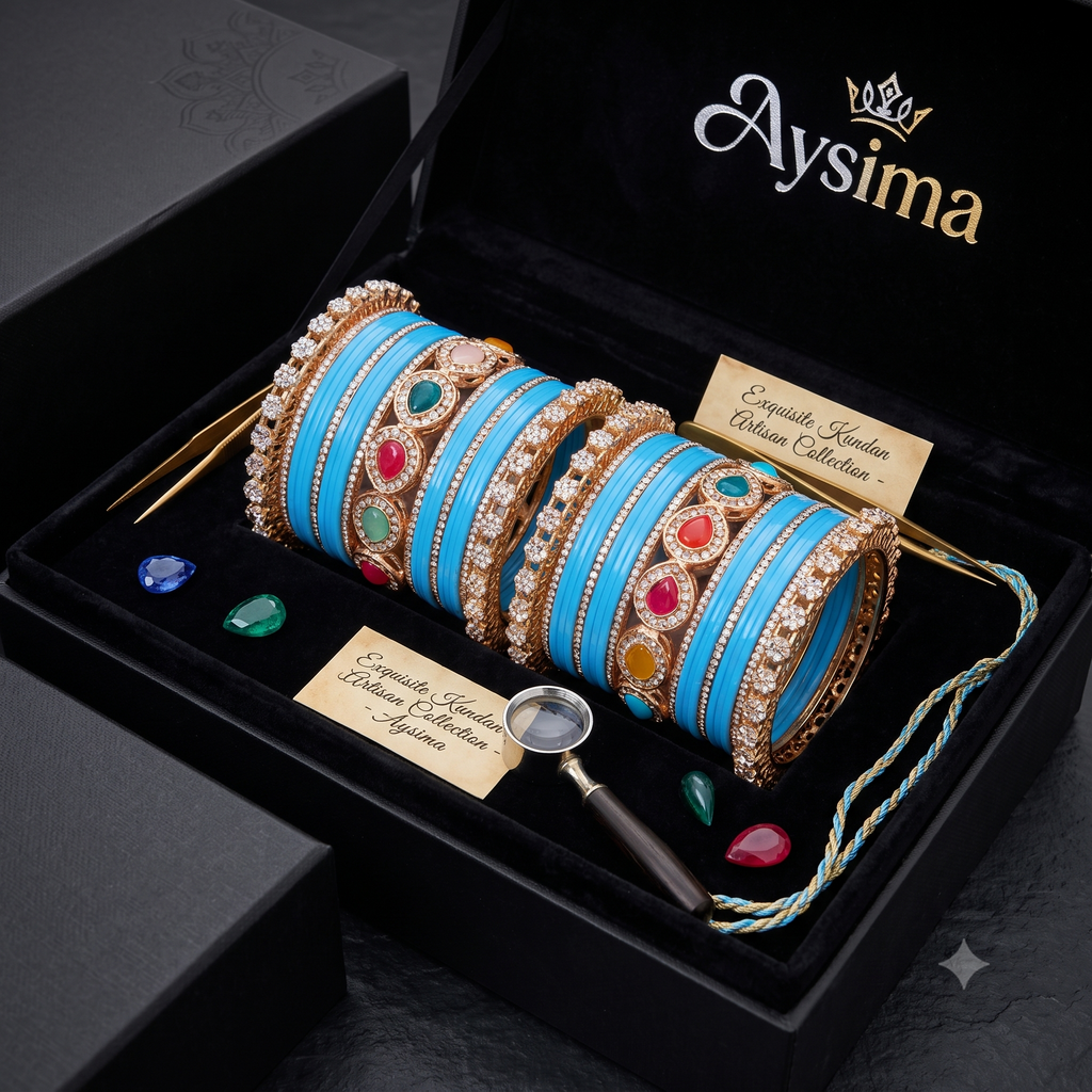 AYSIMA Neerja Surf Blue Bridal Bangle Set with Multicolour Kada