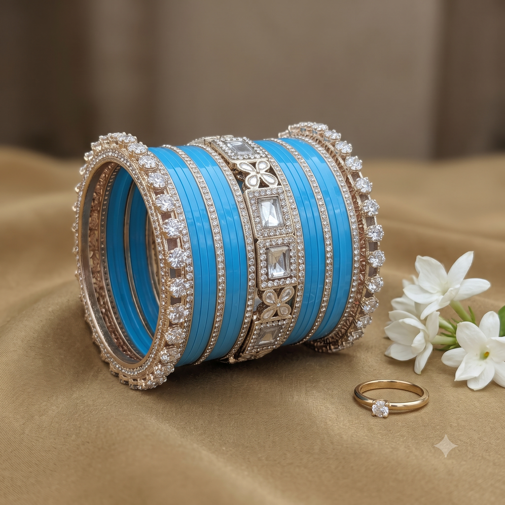 AYSIMA Ambara Sky Blue Bangle Set for Women | Bridal Wedding Bangles with Floral Kadas