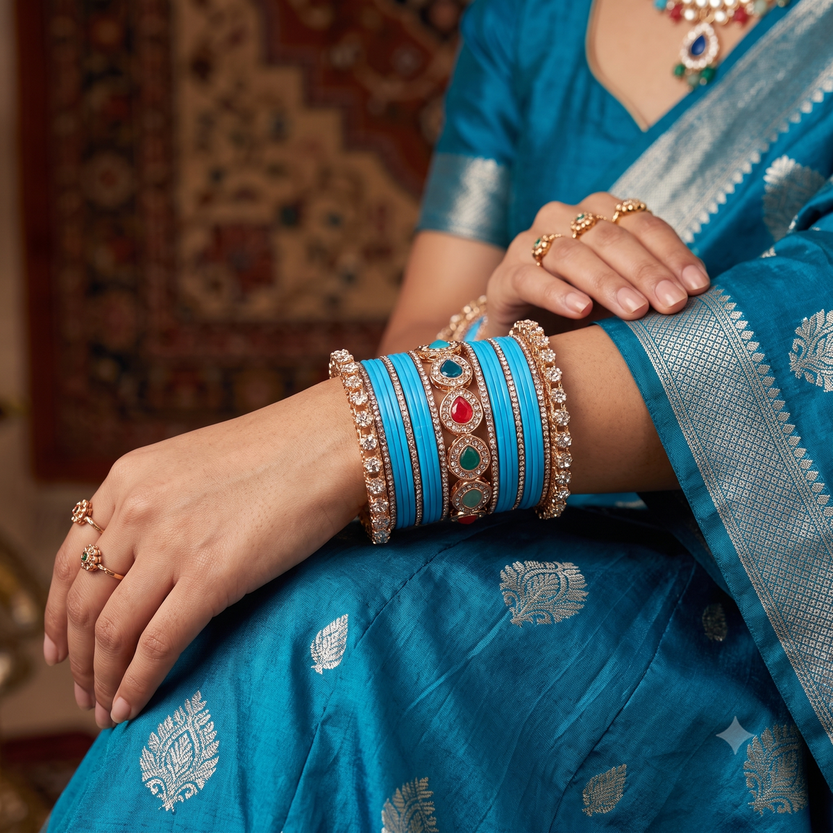 AYSIMA Neerja Surf Blue Bridal Bangle Set with Multicolour Kada