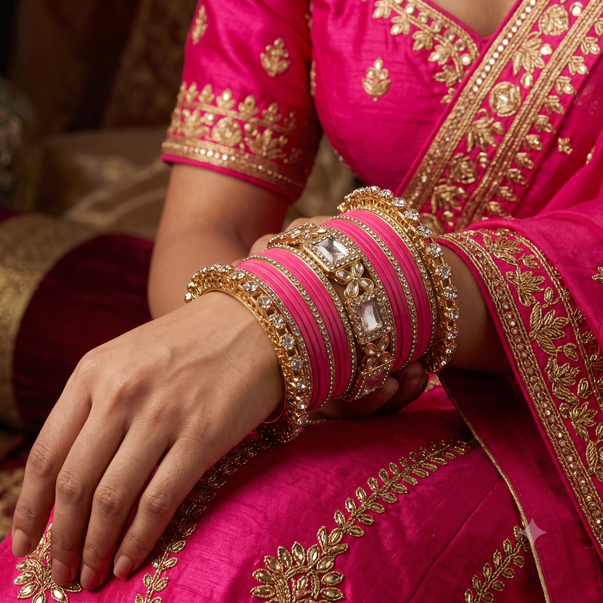 AYSIMA Gulika Pink Wedding Bangles for Women | Bridal Bangle Set with Floral Kadas