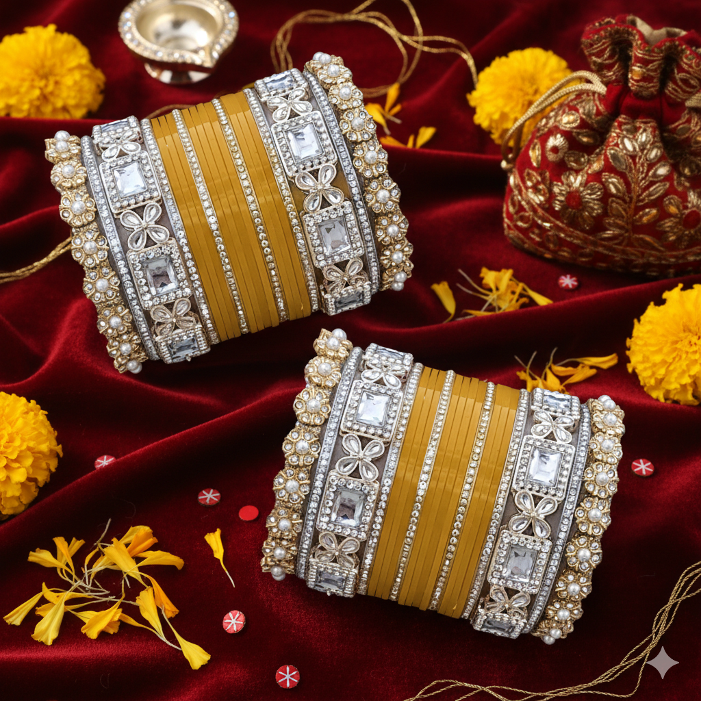 AYSIMA Kanakpriya – Mustard Yellow Haldi Bridal Chura & Floral Designer Kada Set | 40 Pieces