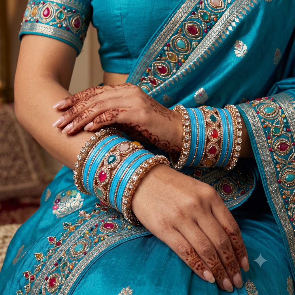 AYSIMA Neerja Surf Blue Bridal Bangle Set with Multicolour Kada