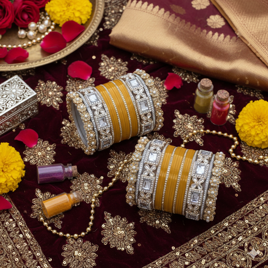 AYSIMA Kanakpriya – Mustard Yellow Haldi Bridal Chura & Floral Designer Kada Set | 40 Pieces