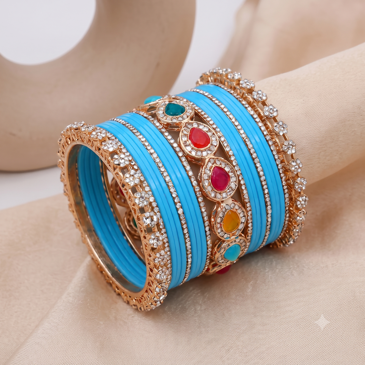 AYSIMA Neerja Surf Blue Bridal Bangle Set with Multicolour Kada