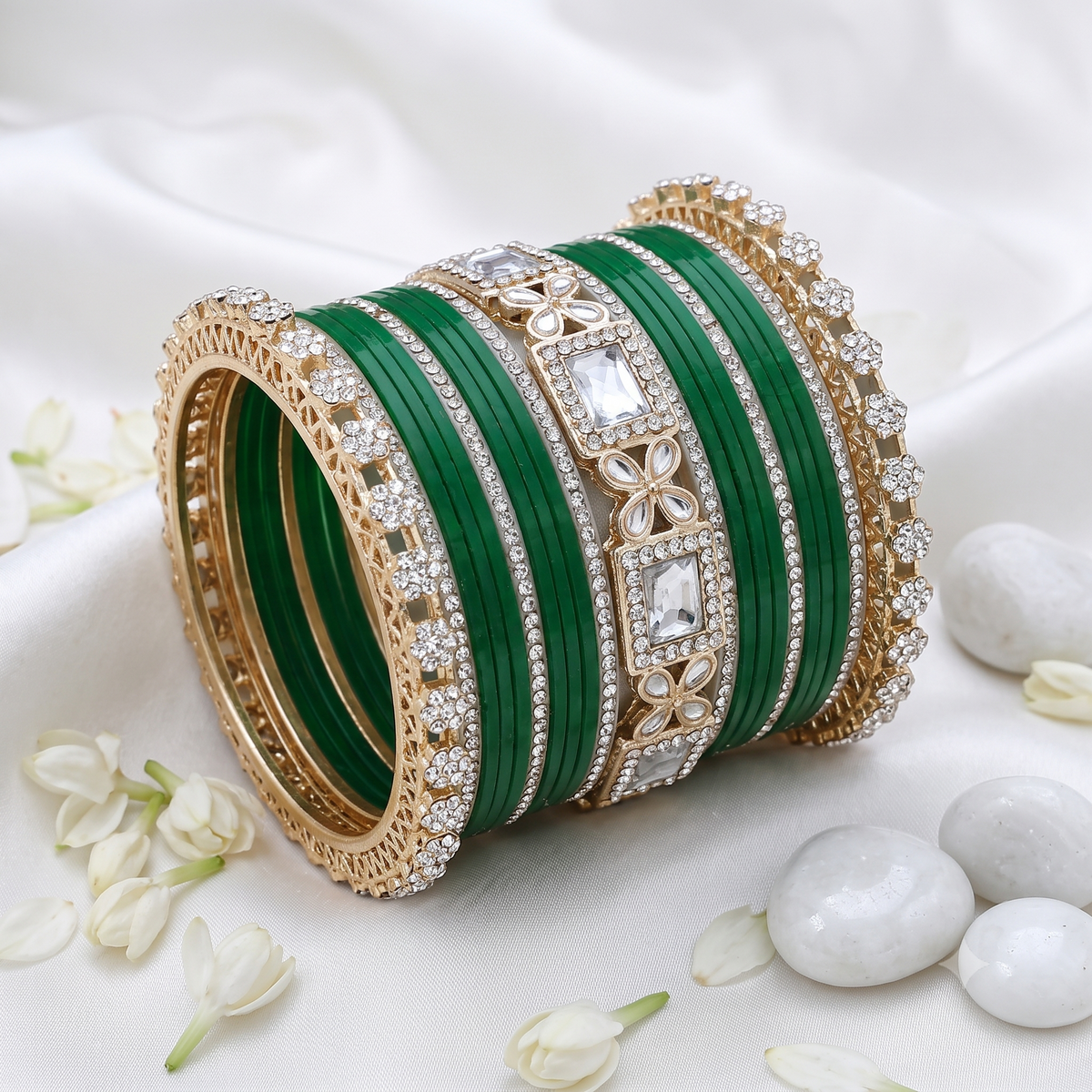 AYSIMA Green Bridal Bangles Set | Designer Kundan-Style Gold-Tone Bangle Set | Traditional Wedding & Festive Jewellery