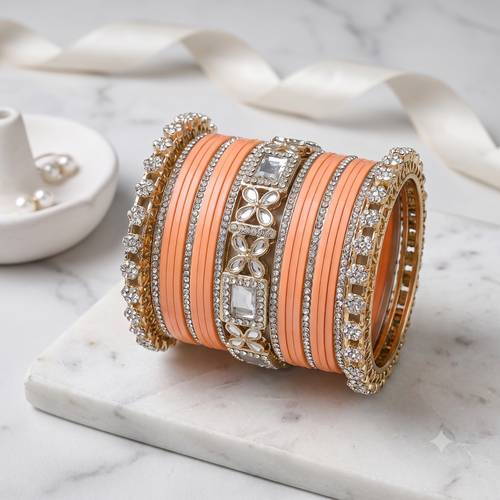 AYSIMA Anvika Peach Bridal Bangle Set for Women | Wedding Bangles & Floral Kadas