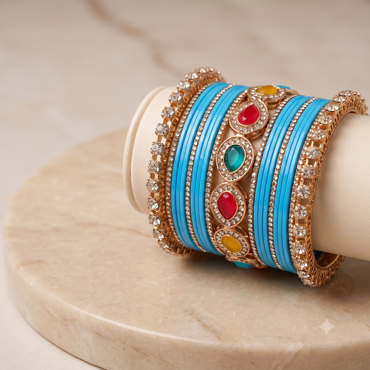 AYSIMA Neerja Surf Blue Bridal Bangle Set with Multicolour Kada