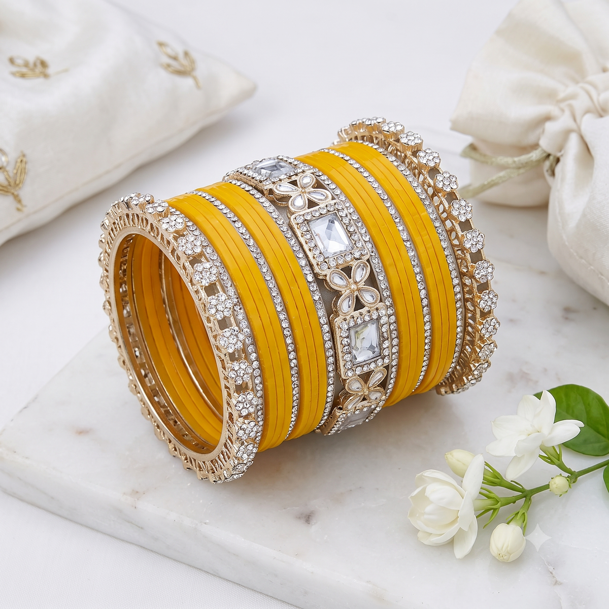 AYSIMA Peetika Yellow Haldi Bangle Set for Women | Bridal Bangles & Floral Kadas