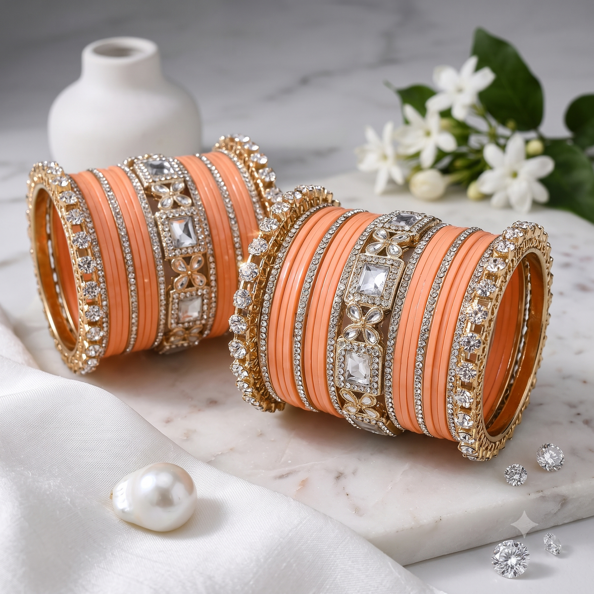 AYSIMA Anvika Peach Bridal Bangle Set for Women | Wedding Bangles & Floral Kadas