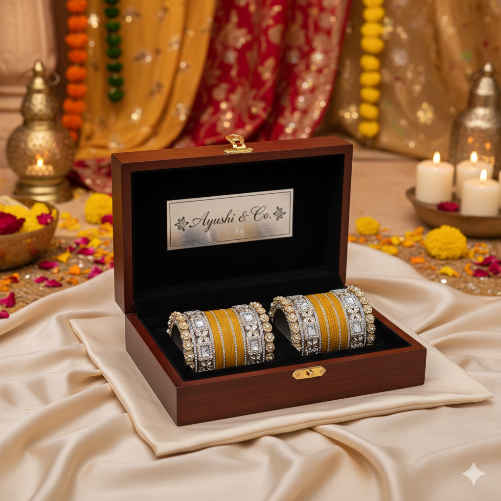 AYSIMA Kanakpriya – Mustard Yellow Haldi Bridal Chura & Floral Designer Kada Set | 40 Pieces