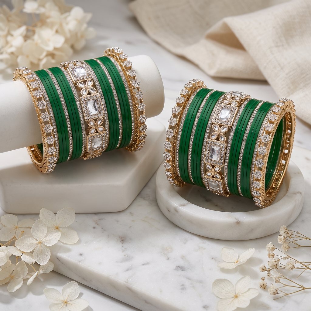 AYSIMA Green Bridal Bangles Set | Designer Kundan-Style Gold-Tone Bangle Set | Traditional Wedding & Festive Jewellery