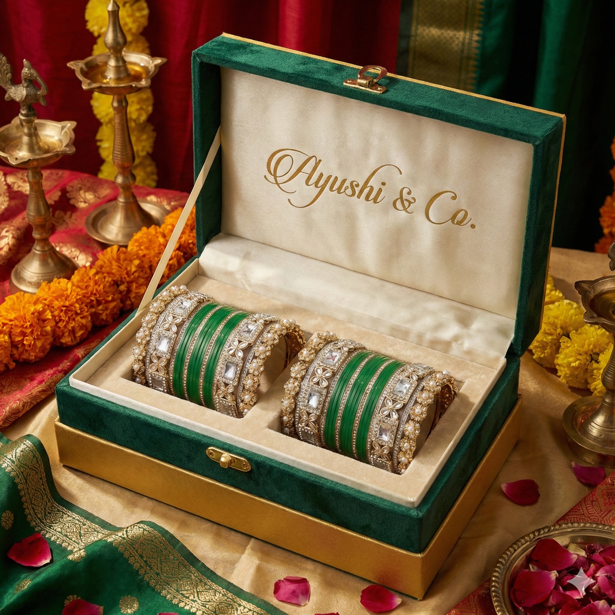 AYSIMA Haritika – Emerald Green Bridal Chura & Designer Kada Set | 40 Pieces