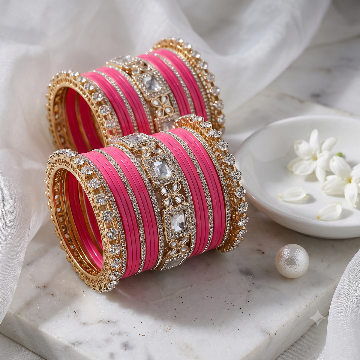 AYSIMA Gulika Pink Wedding Bangles for Women | Bridal Bangle Set with Floral Kadas