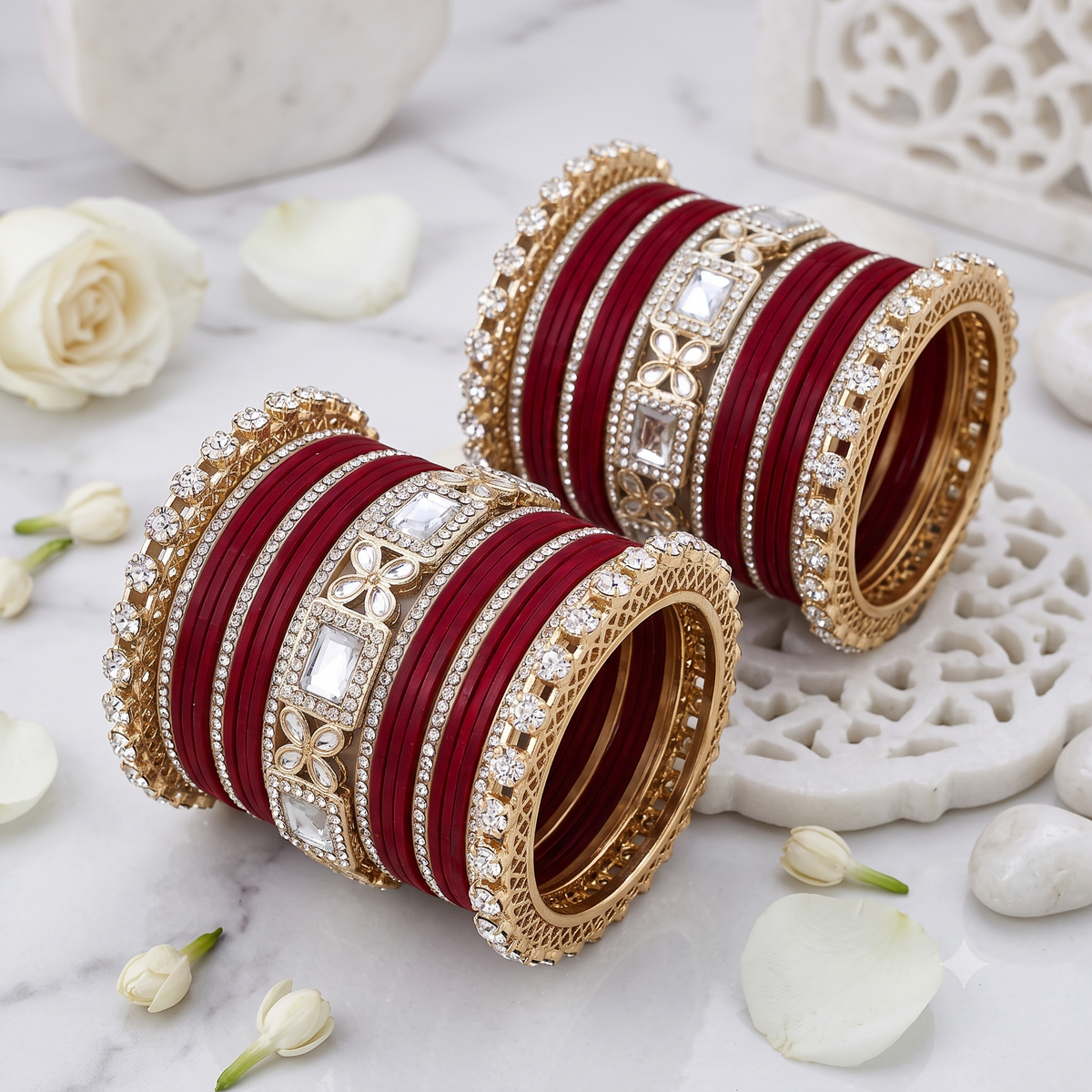 AYSIMA Raagini Maroon Bridal Bangle Set for Women | Wedding Bangles & Floral Kadas