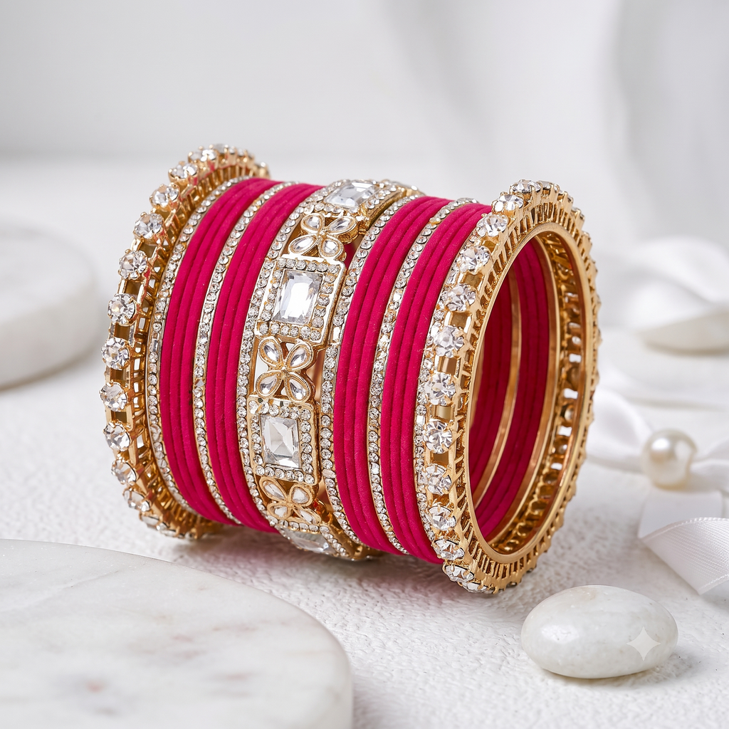 AYSIMA Rangini Rani Pink Bridal Bangles for Women | Floral Kada Wedding Bangle Set