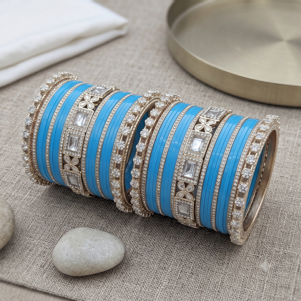 AYSIMA Ambara Sky Blue Bangle Set for Women | Bridal Wedding Bangles with Floral Kadas