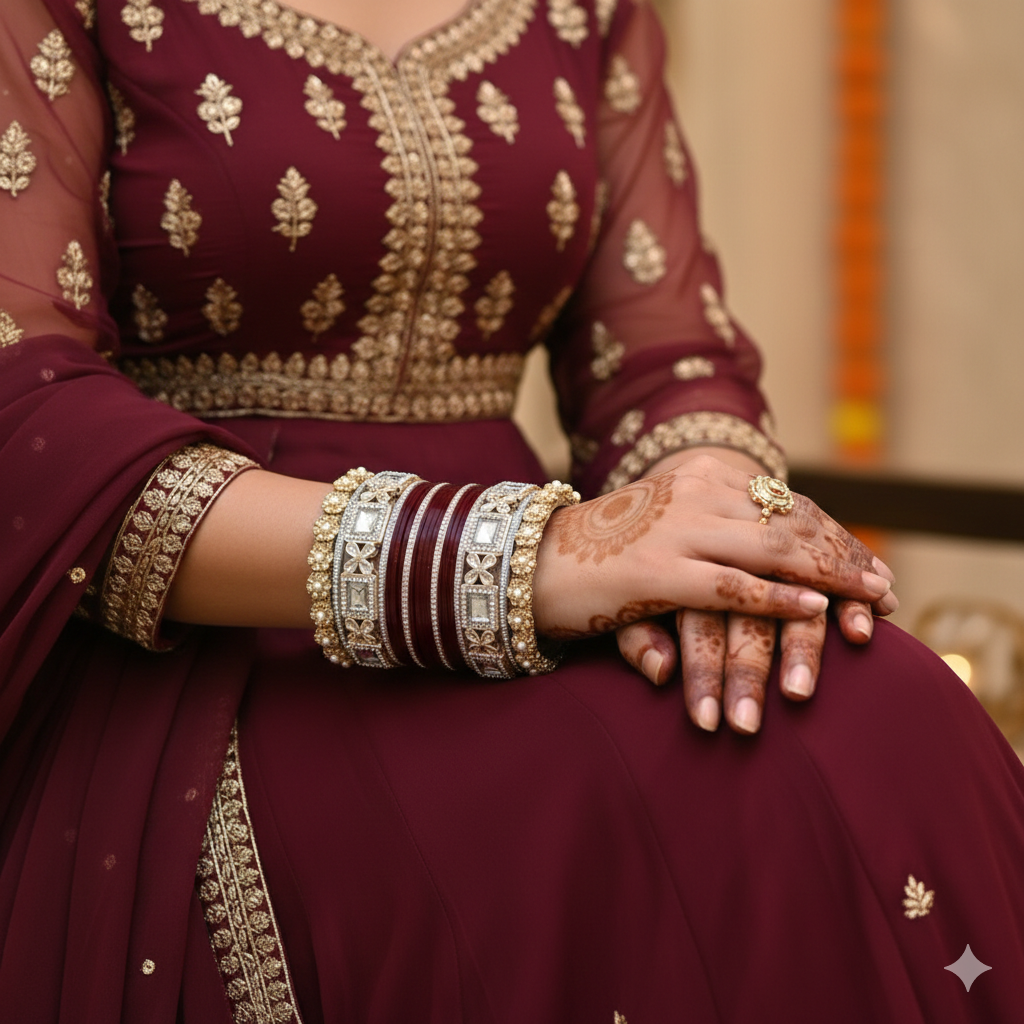 AYSIMA Rajeshwari – Royal Maroon Bridal Chura & Floral Designer Kada Set | 40 Pieces