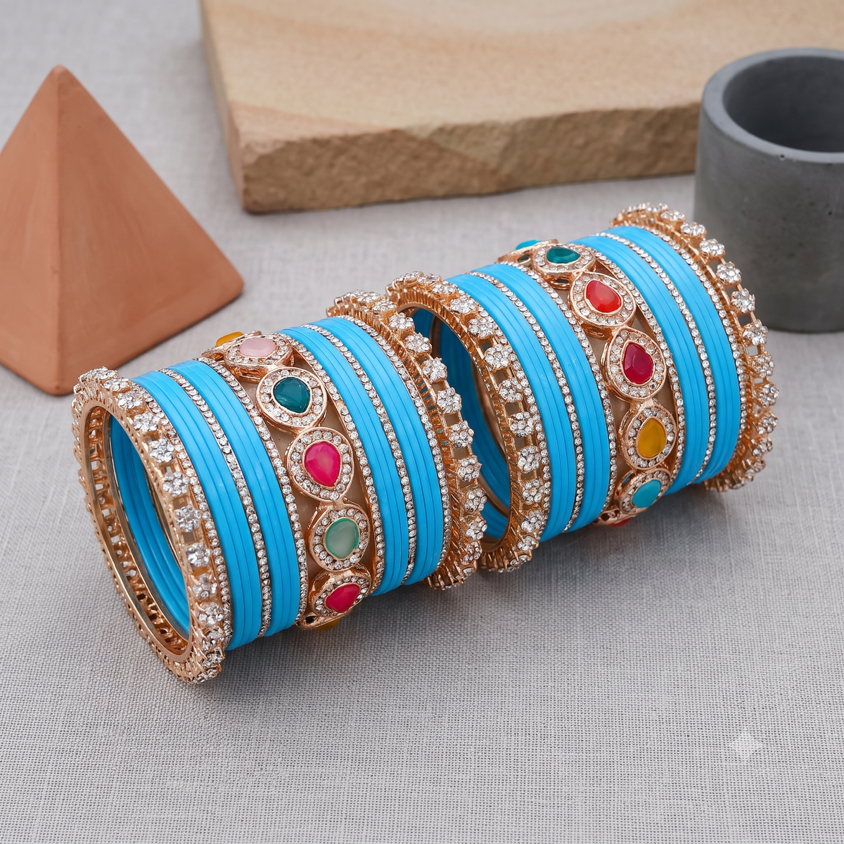 AYSIMA Neerja Surf Blue Bridal Bangle Set with Multicolour Kada