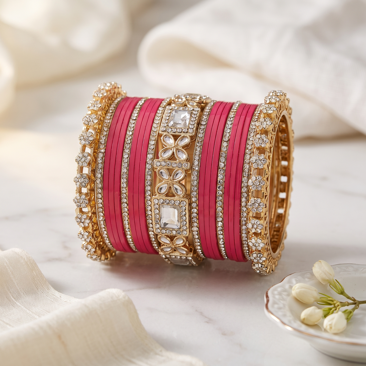 AYSIMA Gulika Pink Wedding Bangles for Women | Bridal Bangle Set with Floral Kadas